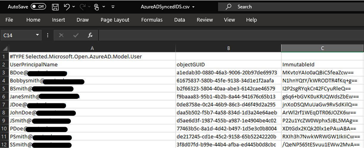 Screenshot of a .csv file with sample output data. Columns include UserPrincipalName, objectGUID, and ImmutableID.