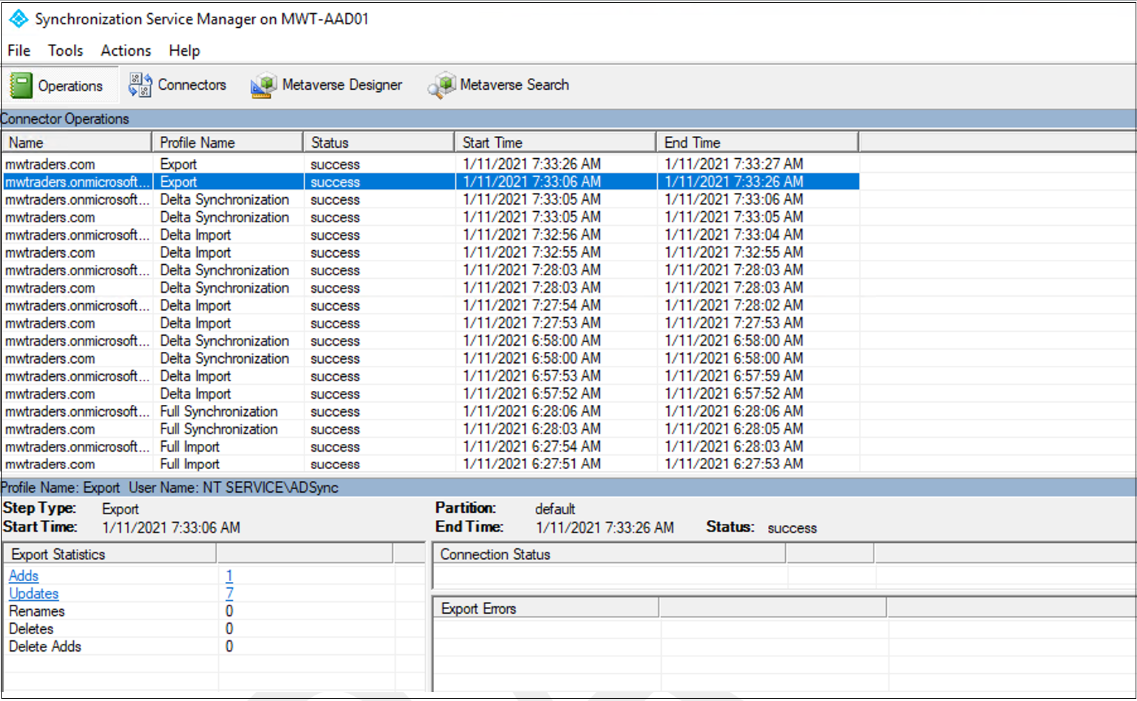 Screenshot of the Synchronization Service window. An export line is selected, and export statistics appear.
