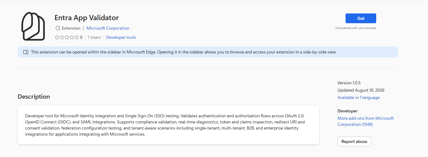 Screenshot of Microsoft Edge showing the Microsoft Entra App Validator extension installed and pinned to the toolbar.
