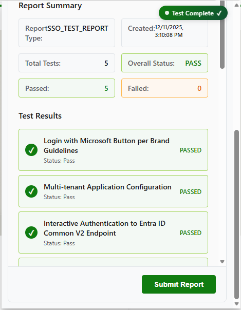 Screenshot of the Microsoft Entra App Validator report showing tests executed, tests passed, issues identified, and recommendations sections.
