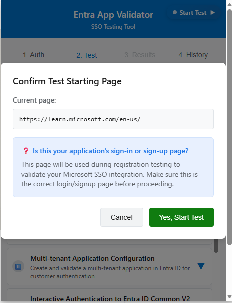 Screenshot of the Microsoft Entra App Validator extension showing the Start test button and test initialization screen.
