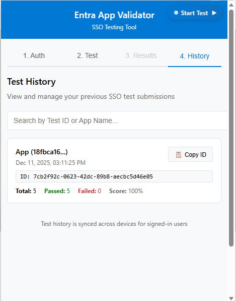 Screenshot of the validation submission confirmation displaying the generated Test ID.