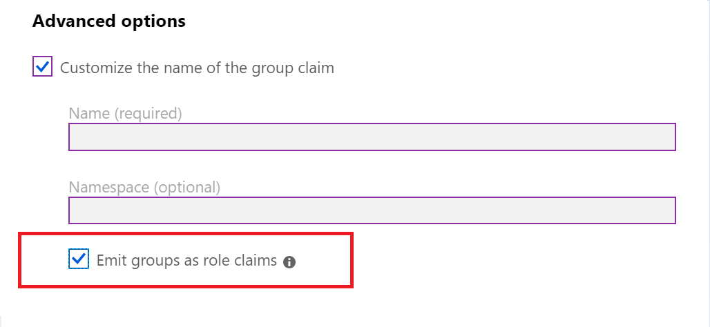 Screenshot that shows advanced options, with the checkboxes selected for customizing the name of the group claim and emitting groups as role claims.