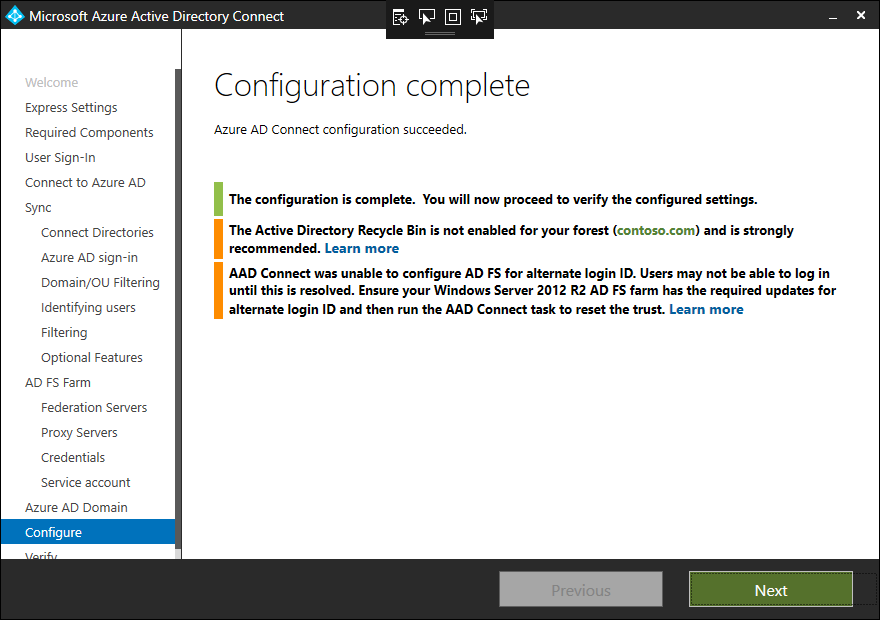 Screenshot of the "Configuration complete" page displaying a warning for a missing KB on Windows Server 2012 R2.