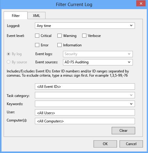 Screenshot that shows the Filter Current Log window, with AD FS auditing selected.