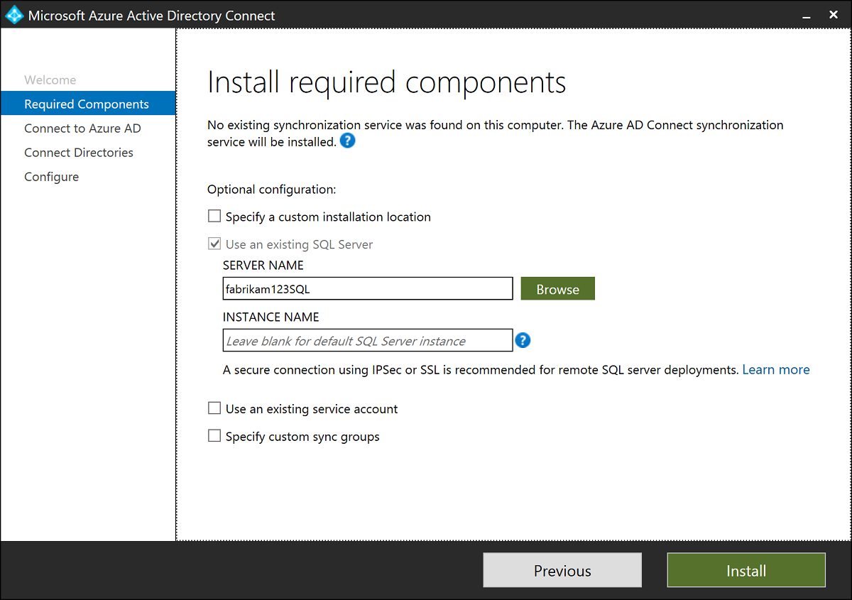 Screenshot that shows the options on the Install required components page.