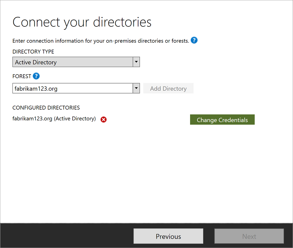 Screenshot that shows the options on the Connect your directories page.