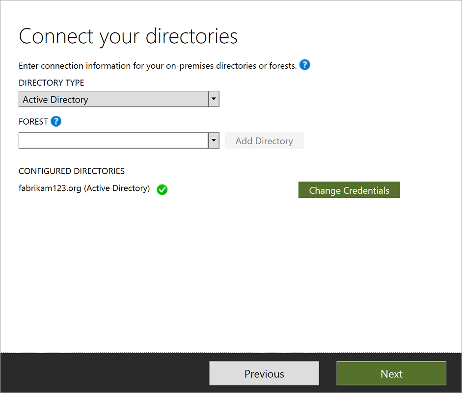 Screenshot that shows the Connect your directories page after you enter account credentials.