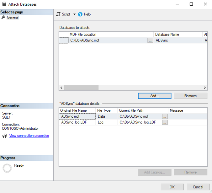 Screenshot that shows the options in the Attach Databases pane.