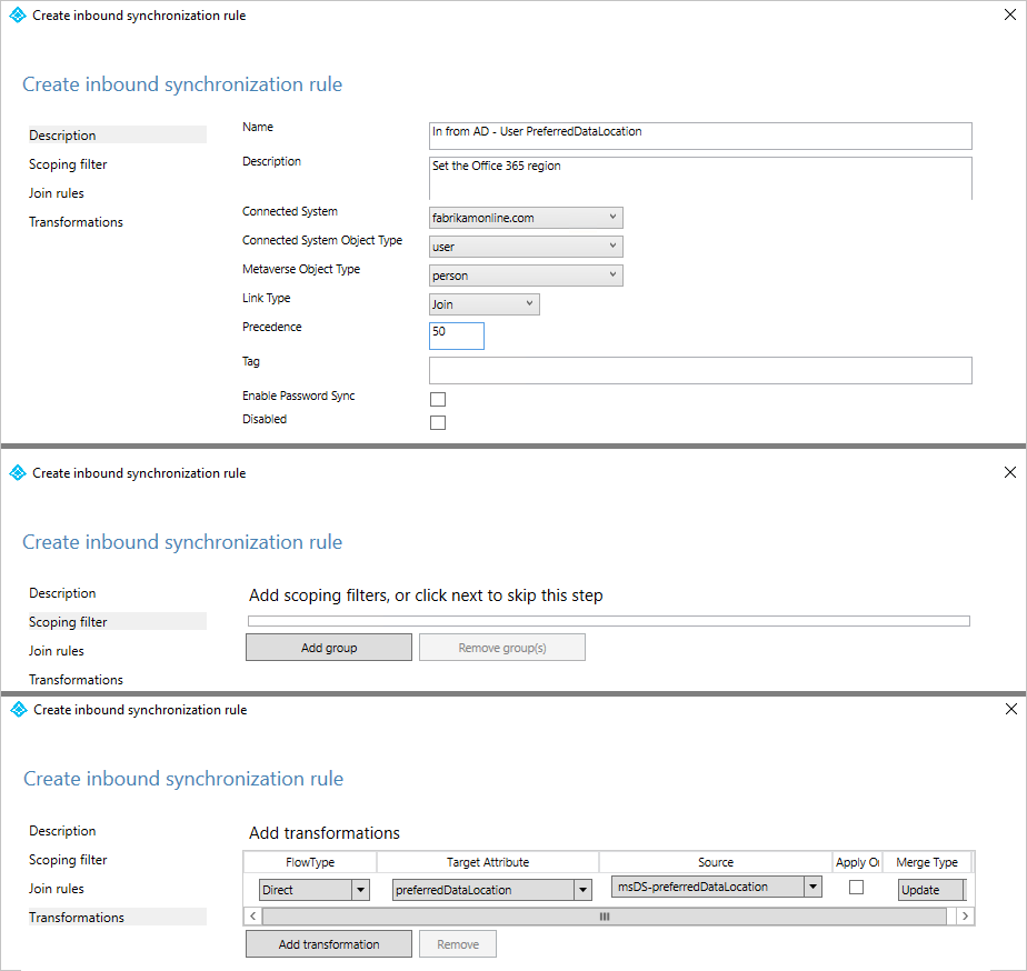 Screenshot of Create inbound synchronization rule