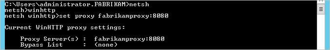 Screenshot that shows a command prompt window running the netsh tool to set a proxy.