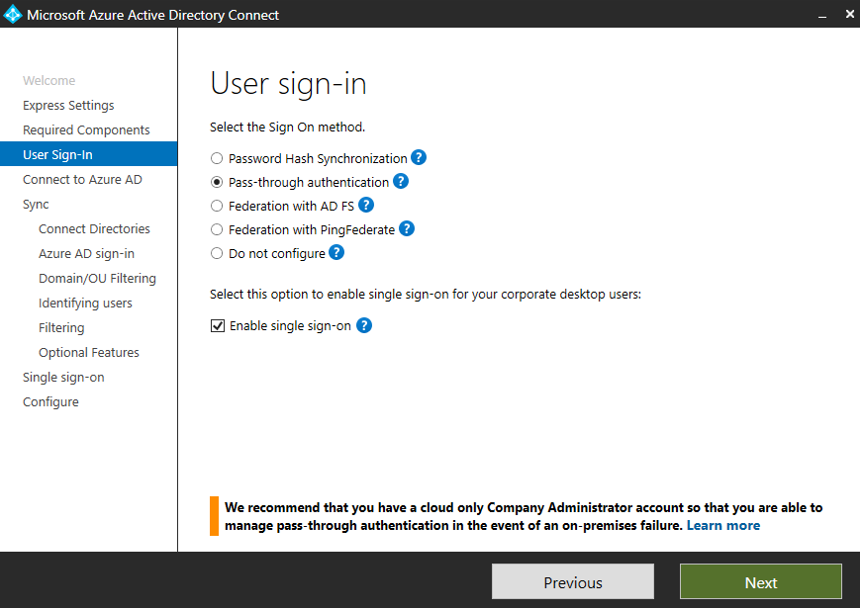 Screenshot that shows where to select Pass-through authentication.