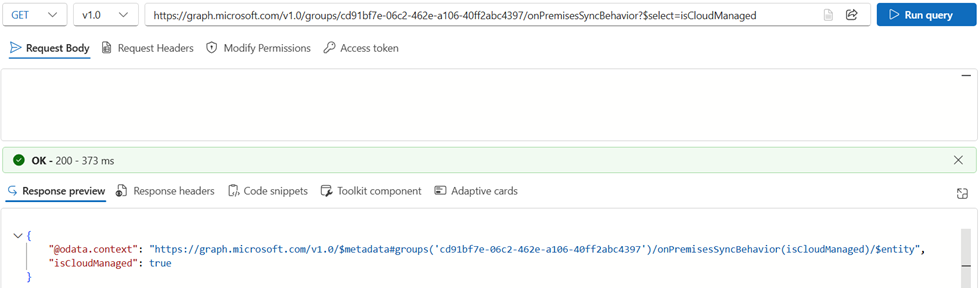 Screenshot of GET call to verify group properties.