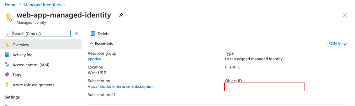 Screenshot showing how to get the object ID of user-assigned identity
