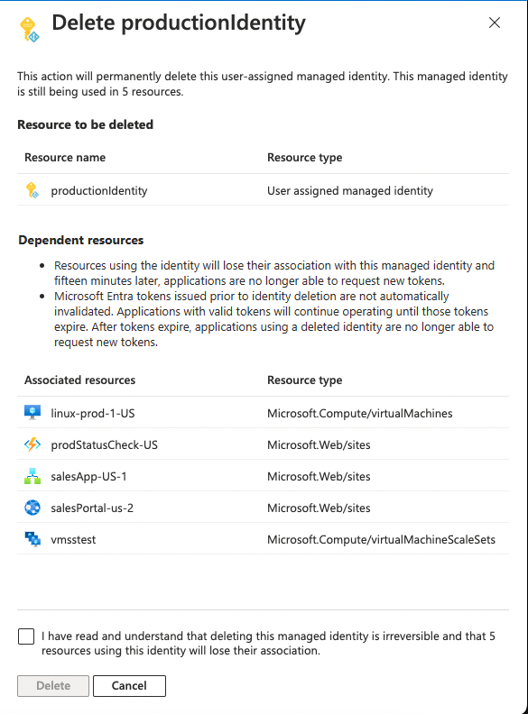 Screenshot showing the delete confirmation screen for a user-assigned managed identity.