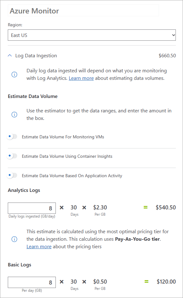 Screenshot of the Azure pricing calculator, with 8 GB/Day used as an example.