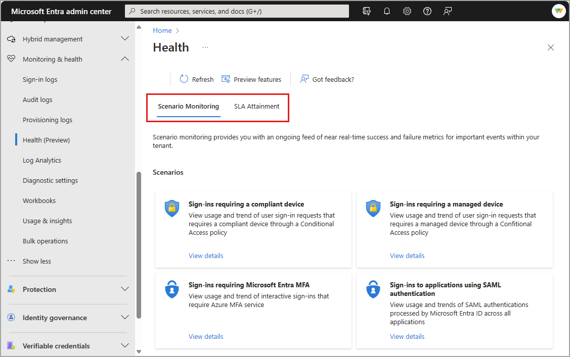 Screenshot of the Microsoft Entra Health landing page.