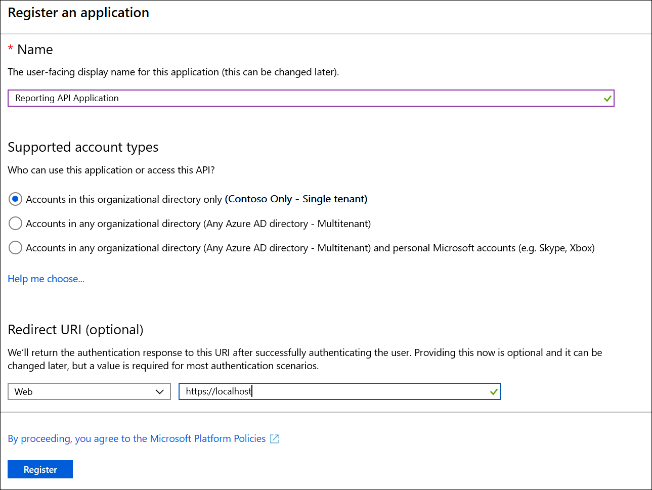 Screenshot shows the Register an application page where you can enter the values in this step.