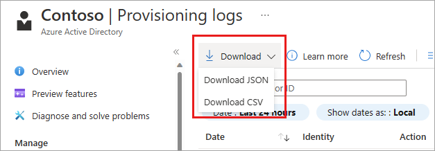 Screenshot of the provisioning log download button options.