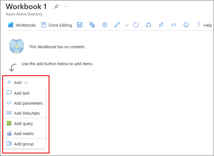 Screenshot of the options available in the workbook editing area.