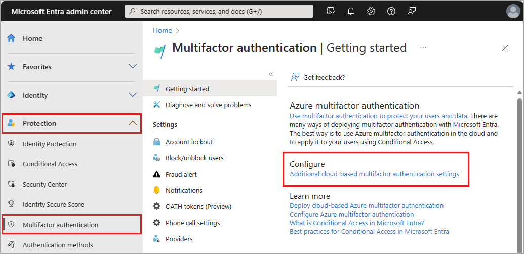 Screenshot of the configuration settings link in Microsoft Entra multifactor authentication section.