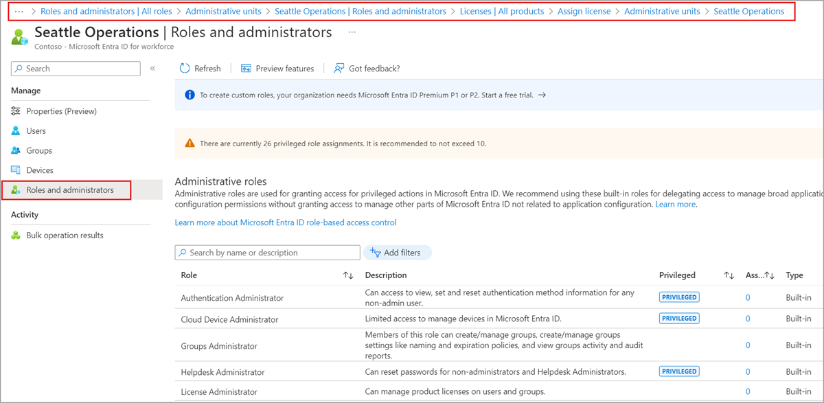 Screenshot of the "Role and administrators" pane for selecting an administrative unit whose role scope you want to assign.