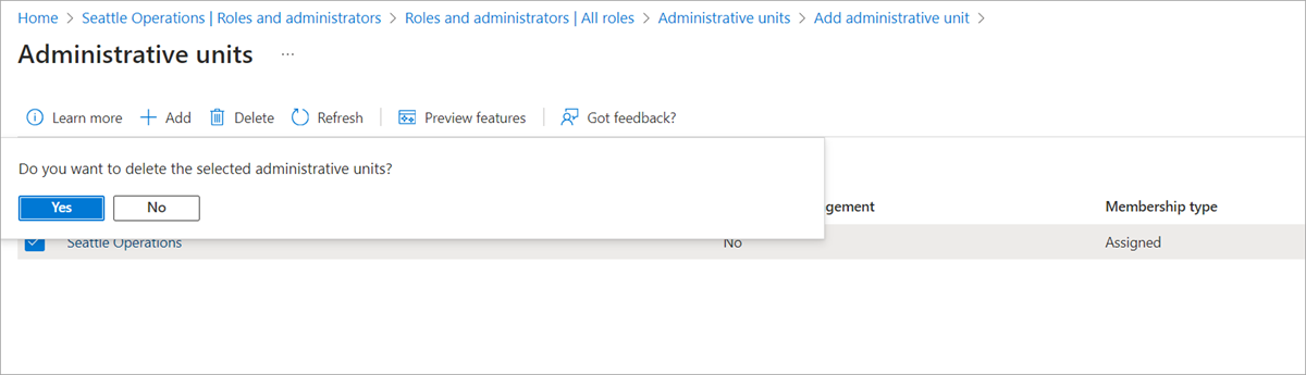 Screenshot of the administrative unit Delete button and confirmation window.