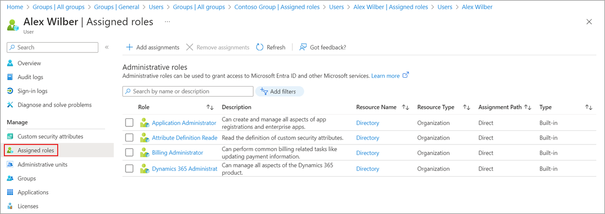 list of roles assigned to a user in Azure portal
