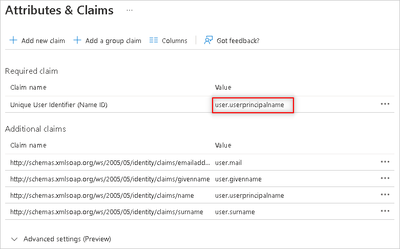 Screenshot showing how to review Attributes and Claims.