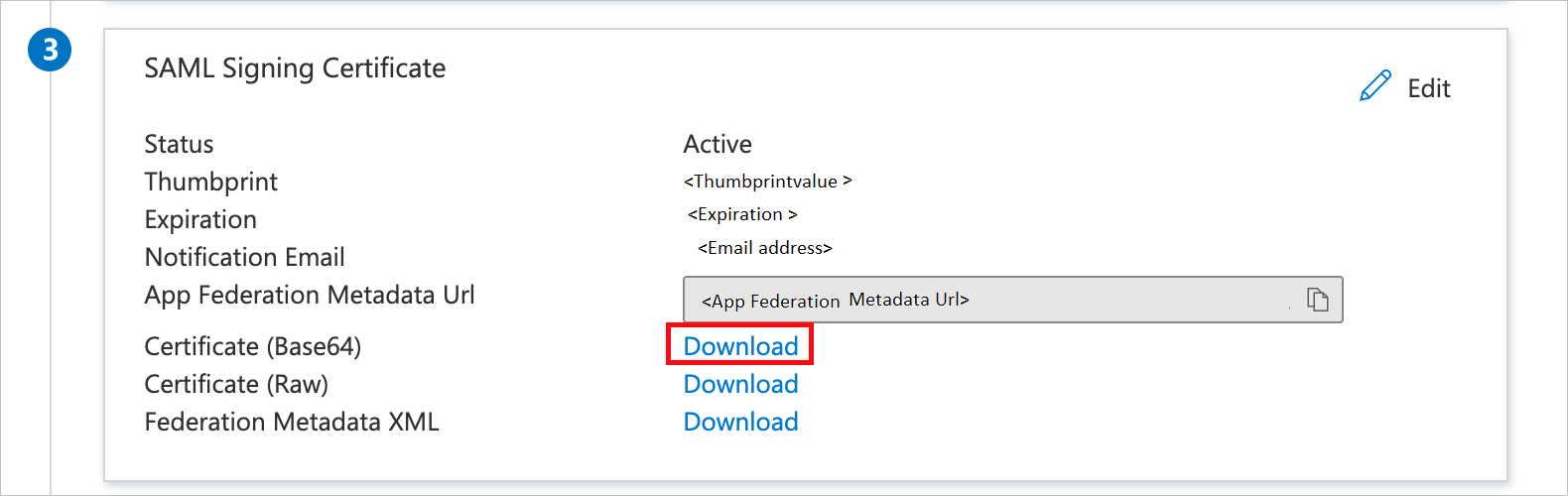 Screenshot shows SAML Signing Certificate page with a download link for a base64 certificate.