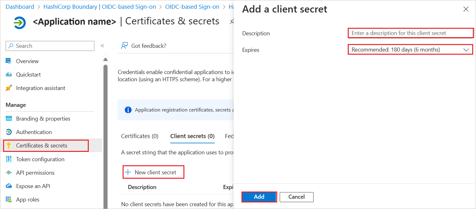 Screenshot of showing the client secrets value.