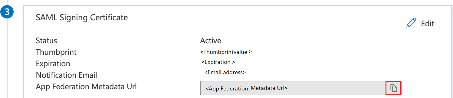 Screenshot of the SAML Signing Certificate, with the copy button highlighted