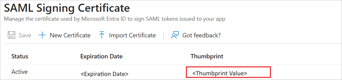 Screenshot shows how to Copy Thumbprint value.