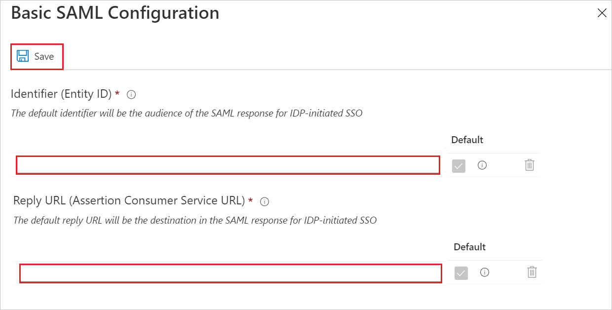 Screenshot showing the Basic SAML Configuration section. The Identifier field and the Reply URL field are highlighted.