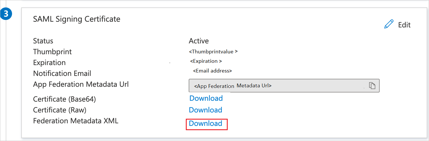 Screenshot showing the download link for the SAML signing certificate.