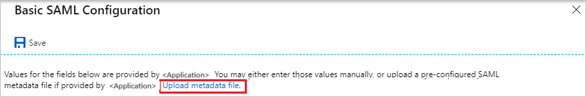 Screenshot that shows the "Basic S A M L Configuration" page with the "Upload metadata file" action selected.