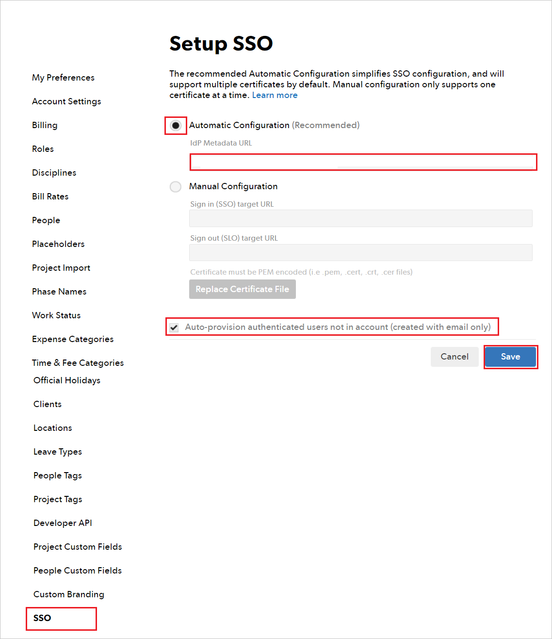 Screenshot for Settings SSO page.
