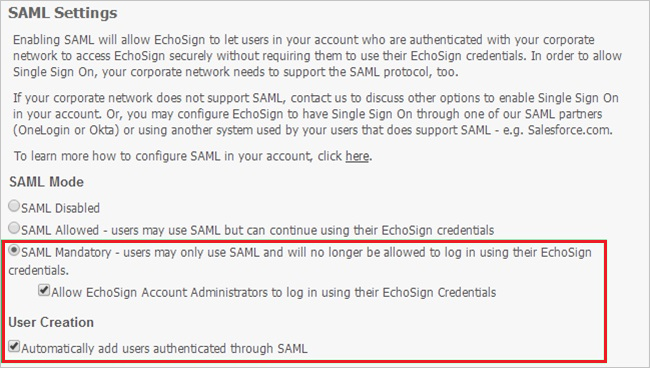 Screenshot that highlights the SAML settings, including SAML Mandatory.