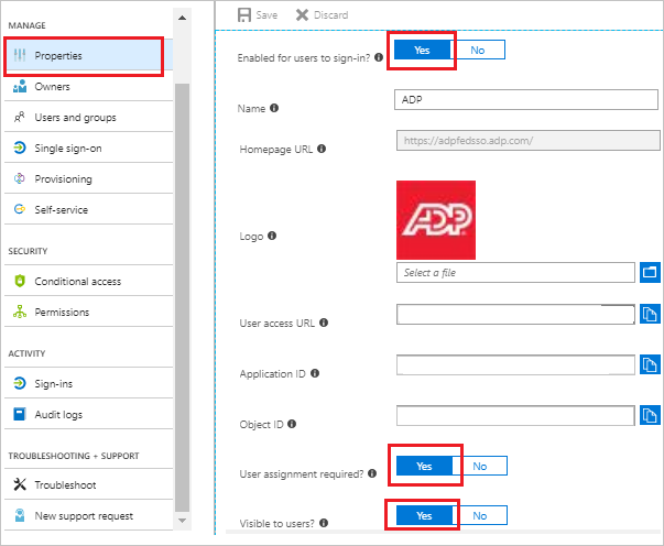 Single sign-on linked properties tab