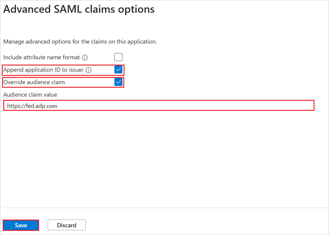 Screenshot shows how to configure audience claim value.