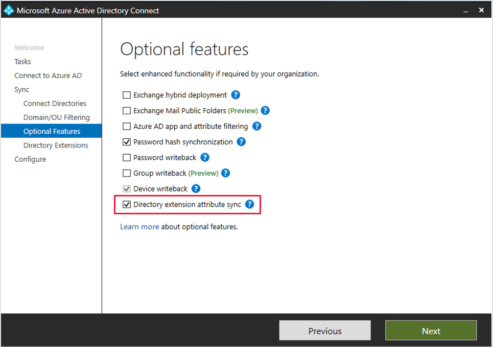 Microsoft Entra Connect wizard Optional features page