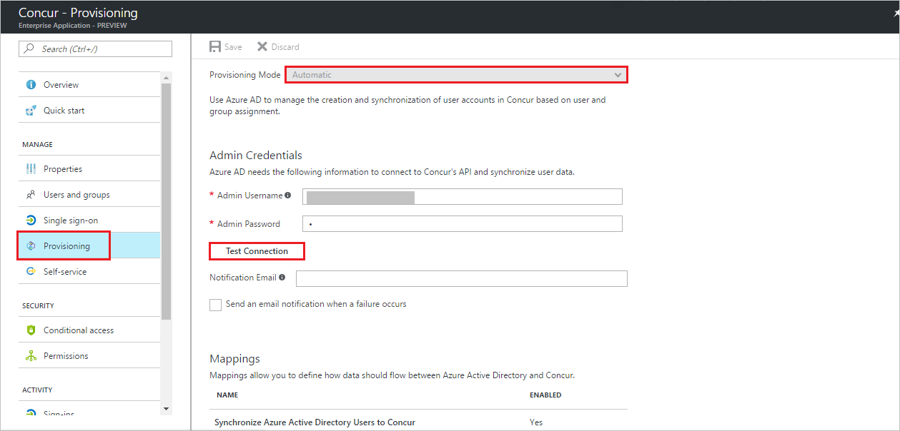 Screenshot of the Provisioning tab for Concur in Azure portal. Provisioning Mode is set to Automatic and the Test Connection button is highlighted.