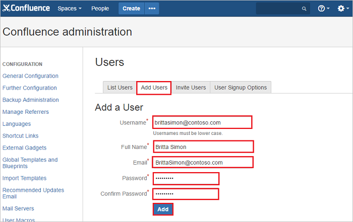Screenshot that shows the "Confluence administration" with the "Add Users" tab selected and "Add a User" information entered.