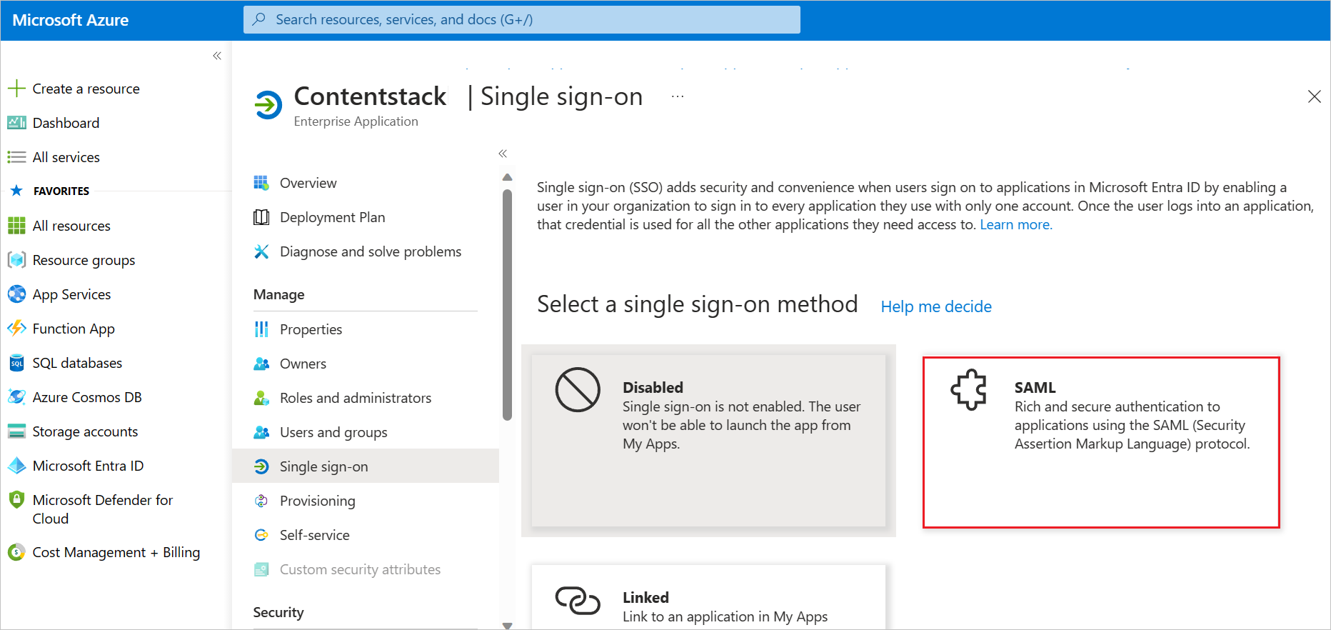 Screenshot shows how to select a single sign-on method.
