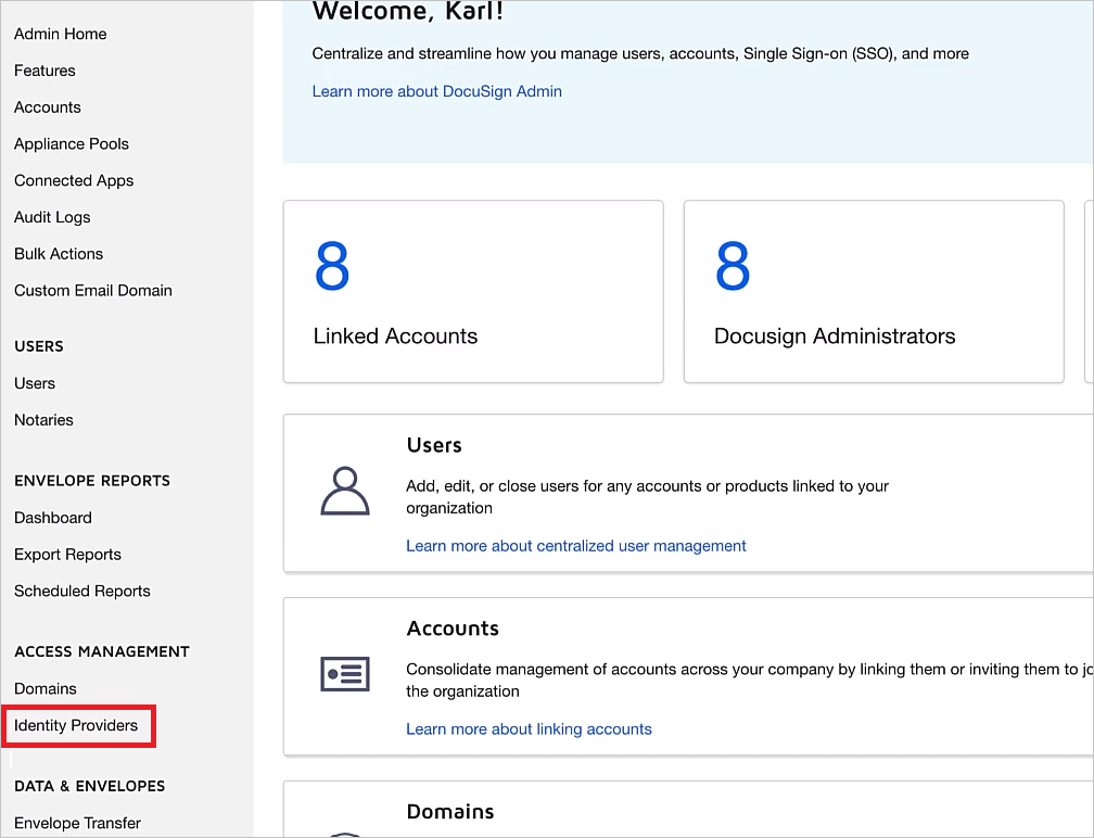 Screenshot of Identity Providers option.