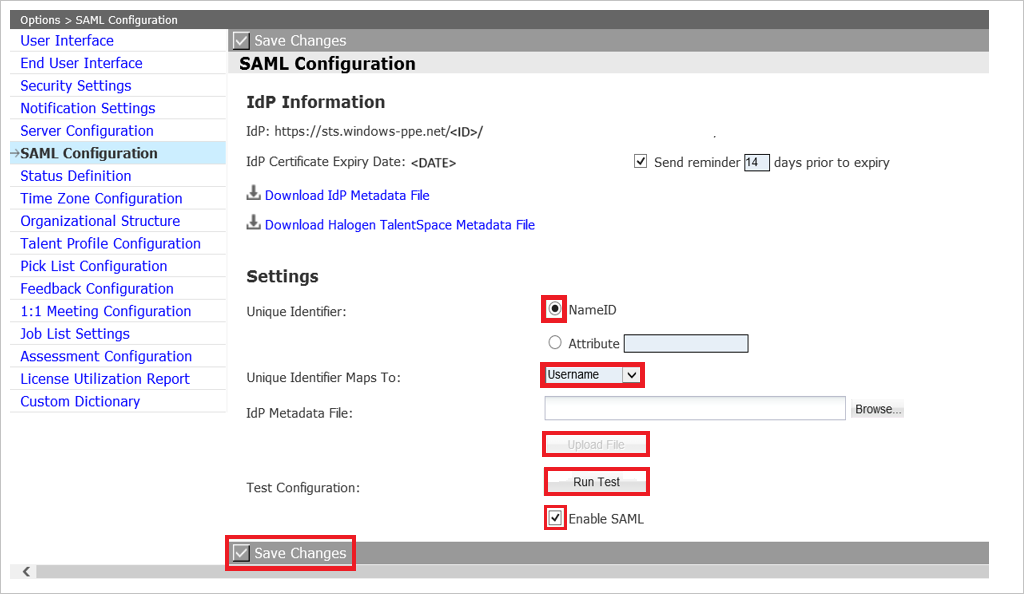 Screenshot that shows the "S A M L Configuration" page with the "Settings" options highlighted.