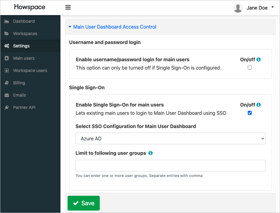 Screenshot of the Main User Dashboard Access Control section in the settings list.