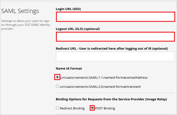 Screenshot shows the SAML Settings dialog box where you can enter the information.