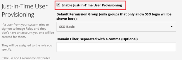 Screenshot shows the Just-In-Time User Provisioning section with the enable control selected.
