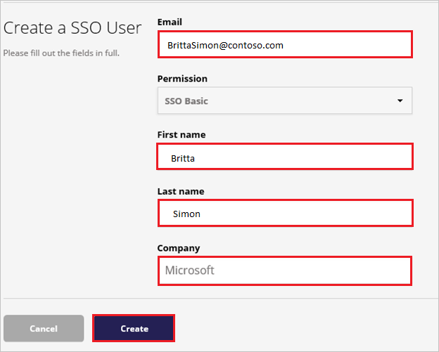 Screenshot shows Create a S S O User page where you can enter the required information.